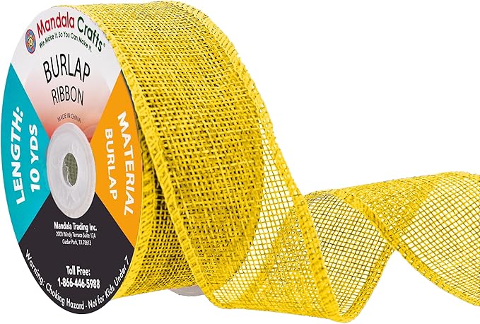 Mandala Crafts Yellow Burlap Ribbon 1.5 Inches Wide Jute Ribbons for Crafts - 20 Yds Roll Rustic Burlap Wrap Trim Ribbons for Wreaths Bows Wedding Party Decoration