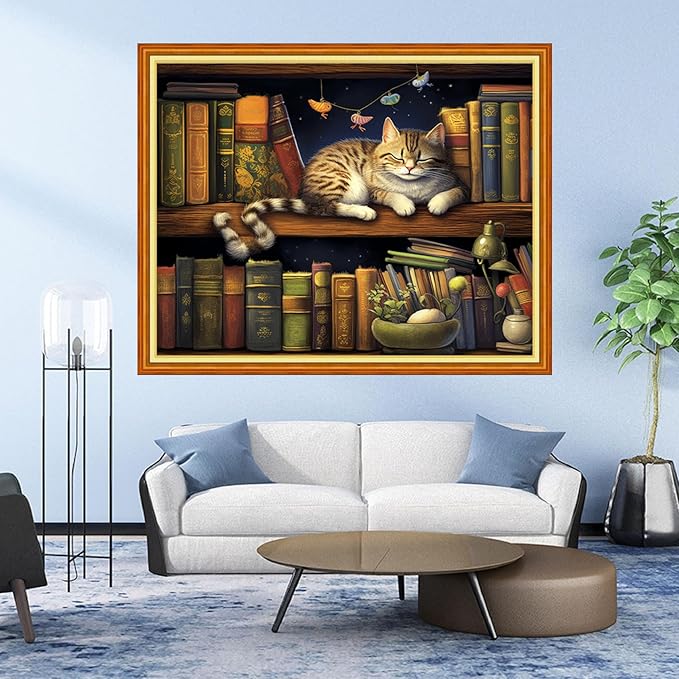 DMCVIVR Stamped Cross Stitch Kits for Adults Beginners Embroidery Kits 11CT Needlepoint Kits Cross Stitch Patterns Embroidery Patterns& Bookshelf Cat 16x20 inch