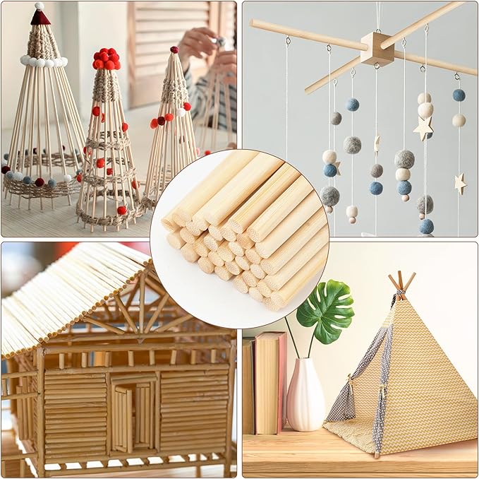 50Pcs Wooden Dowel Rods 1/4 x 12 Inch Wood Sticks for Crafts, Precut Wooden Rod Sticks Natural Wood Dowels for Craft and DIY Projects, Cake Dowels Hardwood Craft Dowel Rods