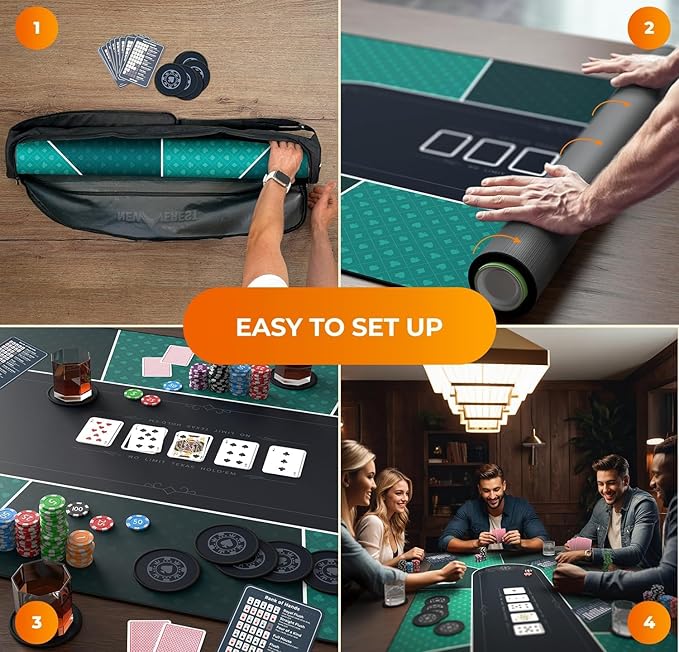 Newverest Poker Table Top 70" x 35", Texas Hold'em Poker Mat for Home Game Nights Up to 10 Players, Blackjack, Casino | Poker Topper for Tables in Zipper Storage Bag with 8 Coasters in Gift-Ready Box