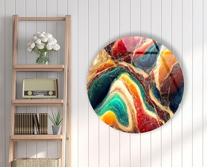 My Photostation.com 39,4''(100cm) Diameter Colorful Marble Swirl Round Wall Art Abstract Glass Decor with Earthy Tones & Gemstone Texture