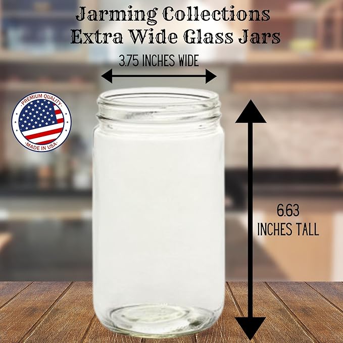 Jarming Collections Mason Jars - 32 Oz Glass Extra Wide Mouth Quart Storage Jars with Lids - BPA Free Plastic Lids - Made in USA (Set of 2)