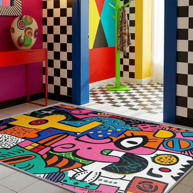 Abstract Rug 5x7-4x6 Rug - Abstract Rug - Colorful Pop Art Area Rug - Modern Geometric Graffiti Rugs - Multicolor Artistic Carpet - Home Decor