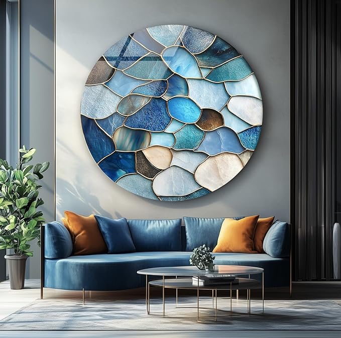 My Photostation.com 27.5''(70cm) Diameter Coastal Blue Stone Mosaic Round Glass Wall Art Tempered Glass Printing Wall Decor Large Wall Art Wall Hangings