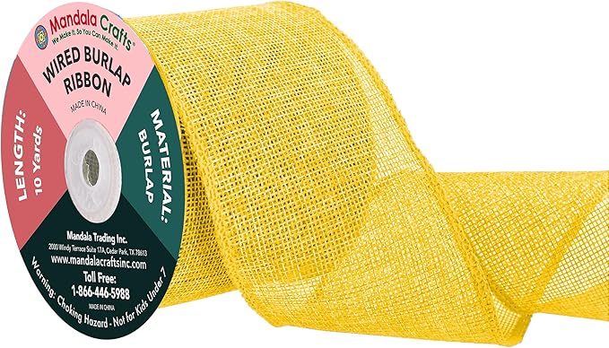 Mandala Crafts Yellow Burlap Wired Ribbon 3 Inches Wide Jute Ribbons for Crafts - 10 Yds Roll Rustic Burlap Wrap Trim Ribbons for Wreaths Bows Party Decoration