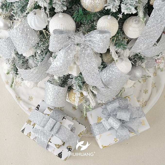 HUIHUANG Silver Glitter Wired Ribbon for Christmas Tree 2.5 inch Silver Diamond Mesh Ribbon for Tree Decoration, Wreaths, Garland, Gift Wrapping, Large Bows Making, Home Decor -10 Yards