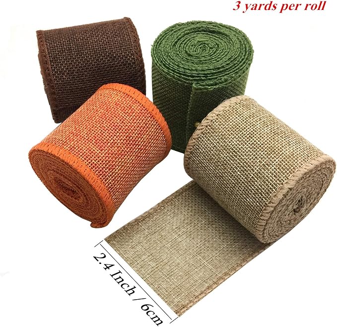 Burlap Ribbon Rolls, Wrapping Burlap Ribbon Natural Orange Brown Olive Green Jute, for Christmas Crafts Decoration Wedding Floral Bows Trims Craft 13.2 Yards 2.4 Inch