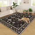 Rugcomf Area Rugs 9x12 Living Room Clearance Washable Boho Rug Non Slip Floral Animal Cat Vintage Low Pile Large Rug for Living Room Bedroom Farmhouse Dining Room Kids Playroom, Black