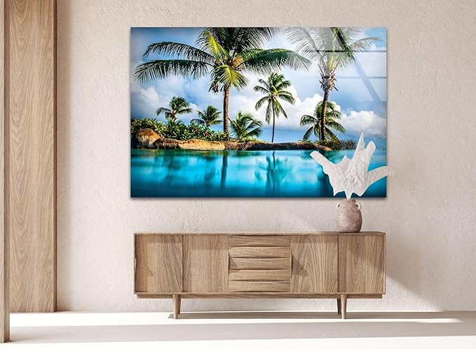 My Photostation.com 30Wx24H'' Island & Blue Sea Glass Wall ArtTempered Glass Printing Wall Decor Large Wall Art Wall Hangings