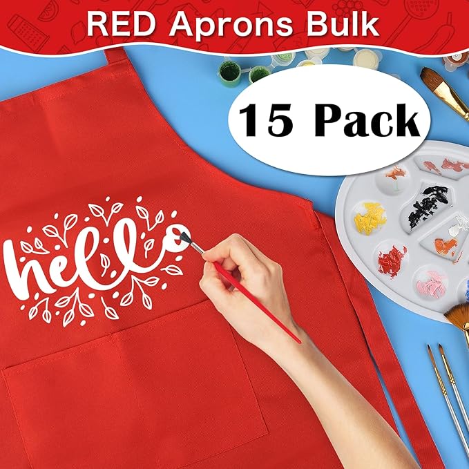 PLULON 4 Pcs Aprons for Kids Adjustable Kids Red Apron Bulk with Pocket Painting Aprons For Boys Girls Painting Cooking Baking (Red)