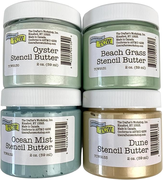 The Crafter's Workshop Stencil Butter - Coastal Acrylic Paint Set - Boutique Metallic Texture Paste for Art, Canvas, Journals, & Cards - 4 x 2oz Jars