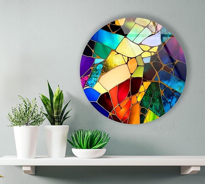 My Photostation.com 15.8''(40cm) Diameter Multicolor Round Stained Glass Wall Art Vibrant Mosaic Abstract Panel Tempered Glass Printing Wall Decor Large Wall Art Wall Hangings