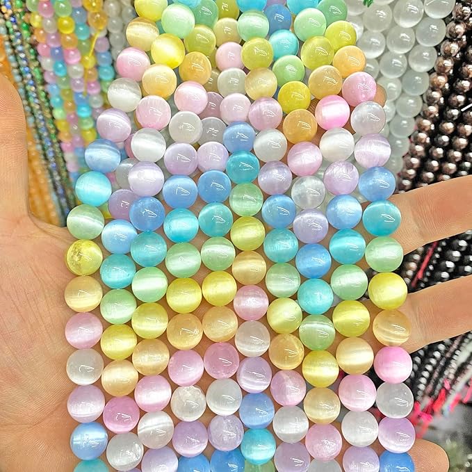 36PCS 10MM Natural Stone Colorful Selenite Gypsum Beads Round Loose Beads for Jewelry Making DIY Bracelet Necklace Accessories 15" Energy Healing Power Stone Beads