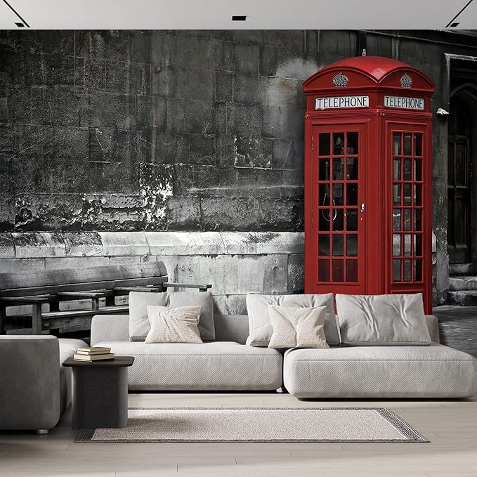 wall26 British Phone Booth in London, United Kingdom Removable Wall Mural | Self-Adhesive Large Wallpaper - 120x192 inches