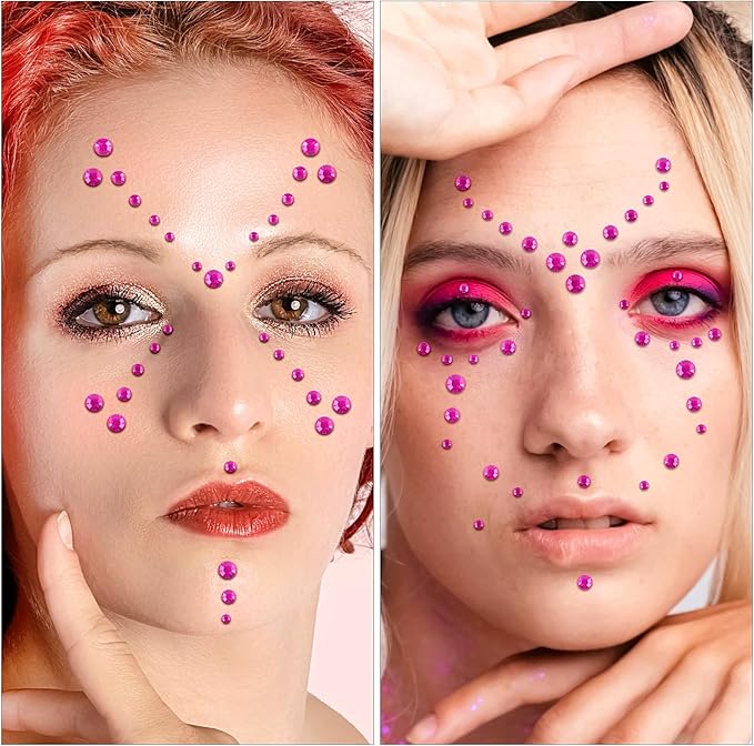 Self Adhesive Face Gems and Pearls for Makeup, Festival Jewels, Hair Gems Pearls, 3/4/5/6/8 mm Round Rhinestone Stickers for Face, Eye, Makeup, Body, Crafts 591Pcs (10_Pink)
