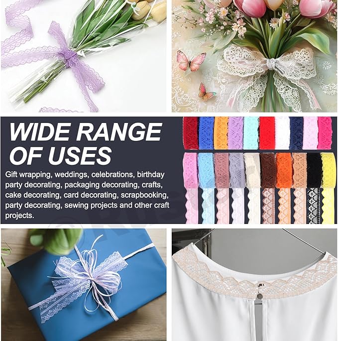 20Pcs 0.6Inch/1.5CM Colorful Lace Ribbon Floral Lace Ribbon Trim Fabric Sewing Vintage Trims Laces for Craft Sewing Making Gift Wrapping Wedding Decorations