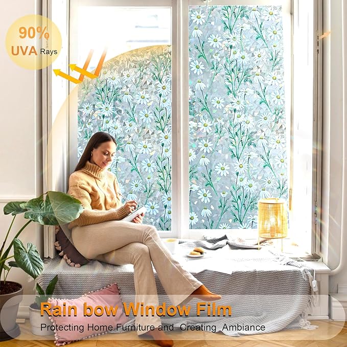 Window Privacy Film Stain Glass Window Film Rainbow Window Film Window clings Non-Adhesive Reusable Decorative for Room (Daisy Rainbow, 45.2 x 78.7 in)
