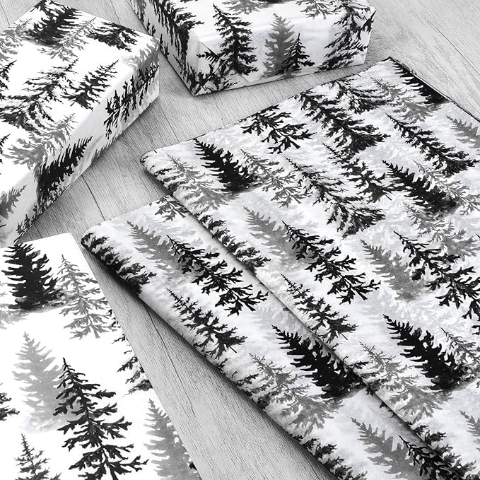 100 Sheets Christmas Tree Tissue Paper, 20x14in Forest Style Wrapping Tissue Watercolor Xmas Tree Art Tissue for Xmas Party Gift Bag Fillers Winter Party Decor (Black)