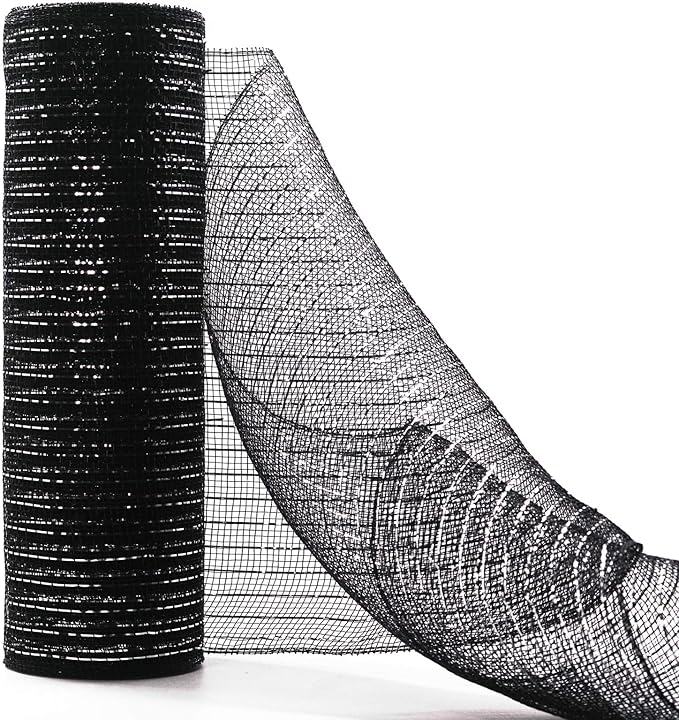 Koopi Deco Mesh 10 inch x 10 Yards Each Roll, Set of 2 Black Metallic Foil Poly Mesh Ribbons for Wreaths, Swags, Craft, Party and Decorating Supplies- 2 Rolls