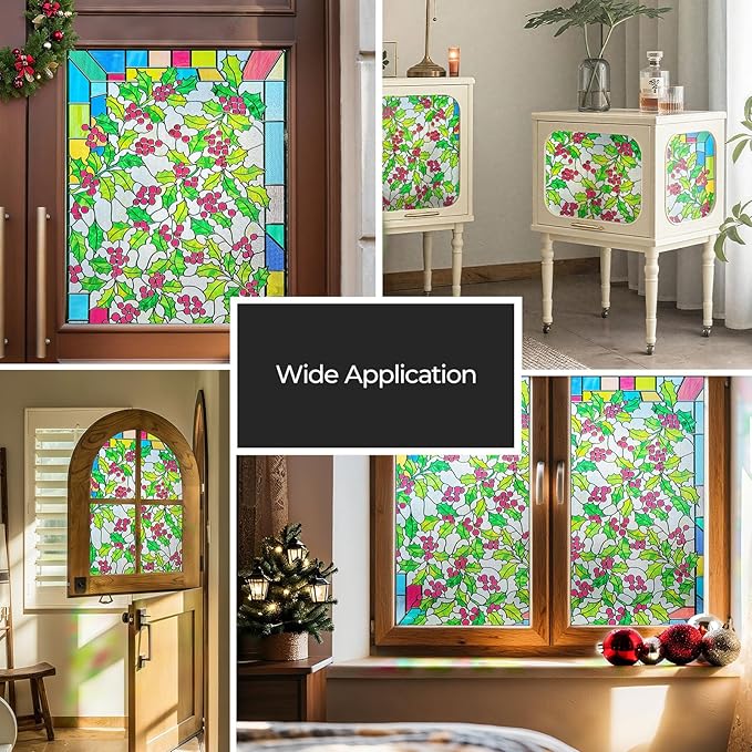 3D Stained Glass Window Film, Decorative Window Privacy Film for Bathroom,Front Door,Home, Sun Blocking Heat Control,Static Cling,23.6inch x 35.4inch Holly