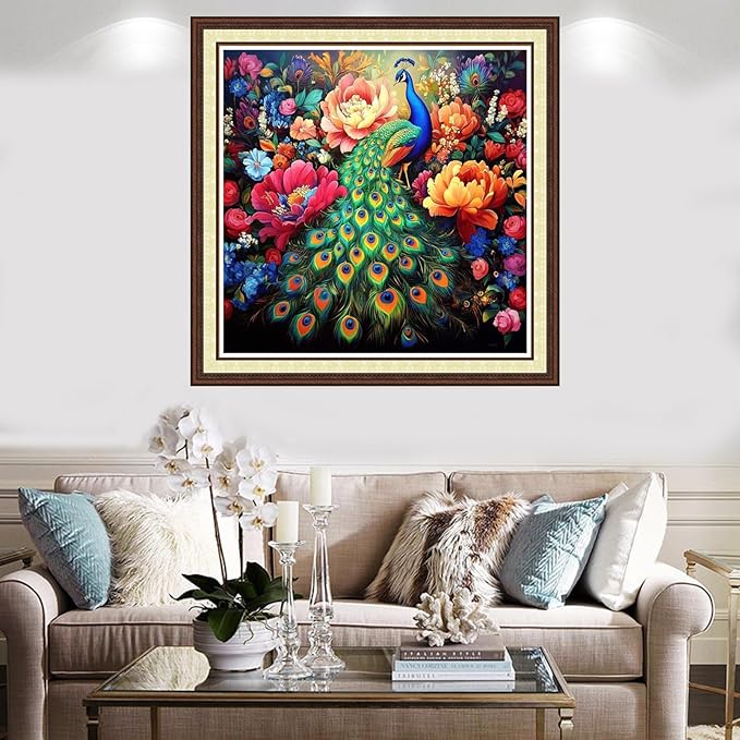 Findvoor Counted Cross Stitch Kits for Adults Full Range of Cross Stitching Embroidery Unprinted Pattern for Beginners, 11CT Needlepoint Kit Patterns Embroidery Kits-Colorful Peacock Flower 18x18 inch