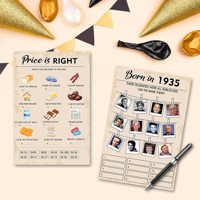 90 th Birthday Party Games, Set of 2 Activities for 15 Guests, Born in 1935 Games Bundle, Birthday Party Supplies for Adults, Pack of 30 Cards