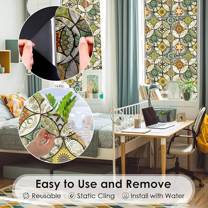 DKTIE Static Cling Decorative Window Film with Installation Tools Non Adhesive Privacy Film Stained Glass Window Film for Bathroom Shower Door Heat Cotrol Anti UV 35.4 x 118.1 Inch