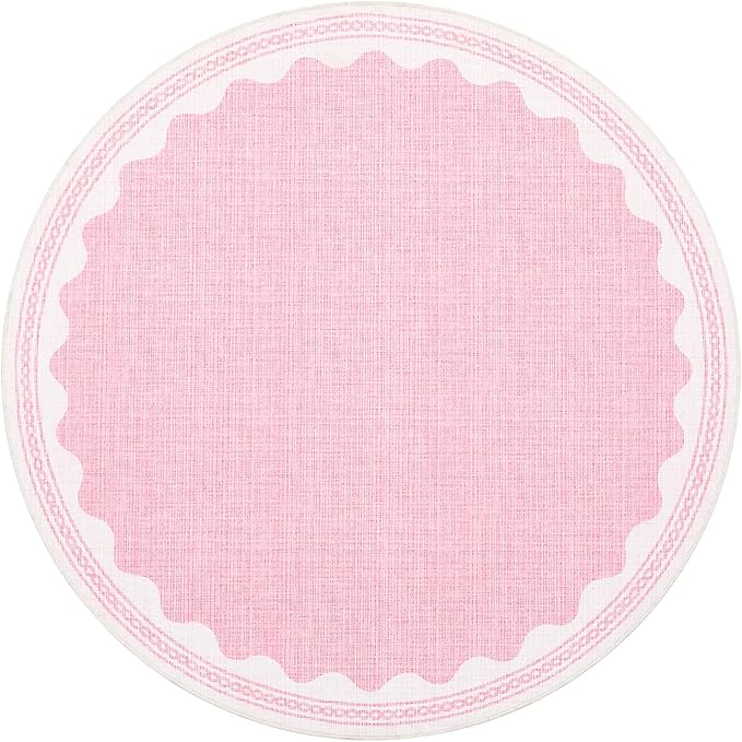 Scalloped Round Rug 4ft, Small Area Rugs Solid Pink Rug for Bedroom Girls, Washable Rugs for Living Room, Non Slip Scalloped Round Bath Mat, Soft Dorm Nursery Carpet for Bedside