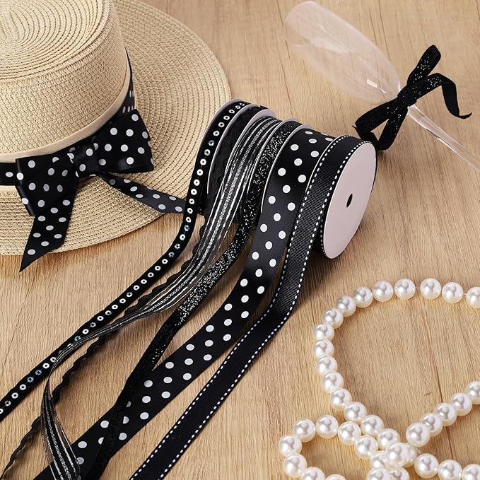 LaRibbons Black Ribbons for Crafts 6 Rolls Assorted Black Ribbons with Polka Dots, Glitter and Sequins for Gift Wrapping, DIY Crafts, Hair Bows, Sewing and Party Decorations, 30 Yards