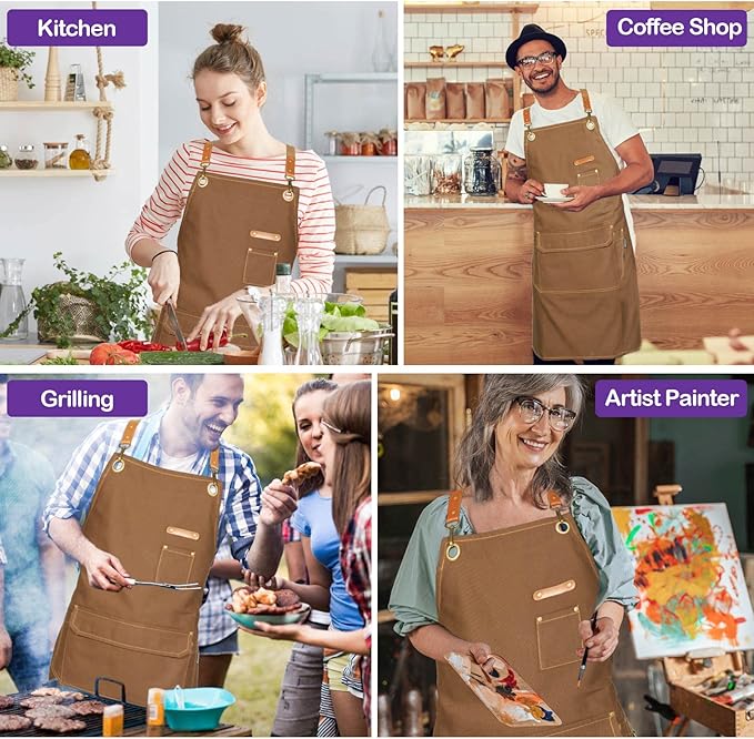 Genixart 6 Bulk Pack Chef Apron for Men Women with Pockets, Cross Back Apron for Kitchen Cooking Baking Artist Painting, Cotton Canvas Work Aprons for Restaurant, Cafe Shop, Garden (Brown, M to XXL)