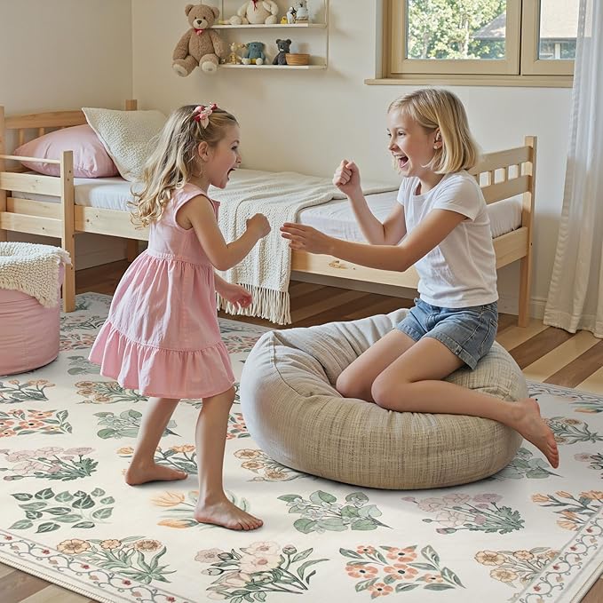 Wonnitar Floral Washable 8X10 Area Rugs, Soft Large Rugs for Living Room, 8 x 10 Low Pile Non Slip Moroccan Bedroom Carpets for Nursery Kids Room Decor Dining Room, Cream Beige