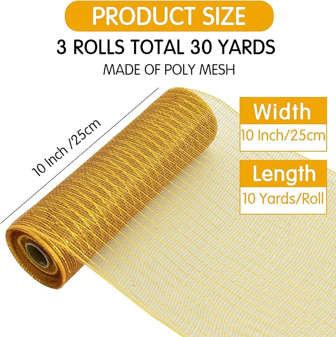 TONIFUL 10 Inch 3 Rolls DeepRed/Brown/Gold Thanksgiving Decorative Mesh Ribbons, Fabric Mesh with Foil for Tree Home Front Door Wreaths Decorations Supplies（3 Colors, 10yards/ roll）