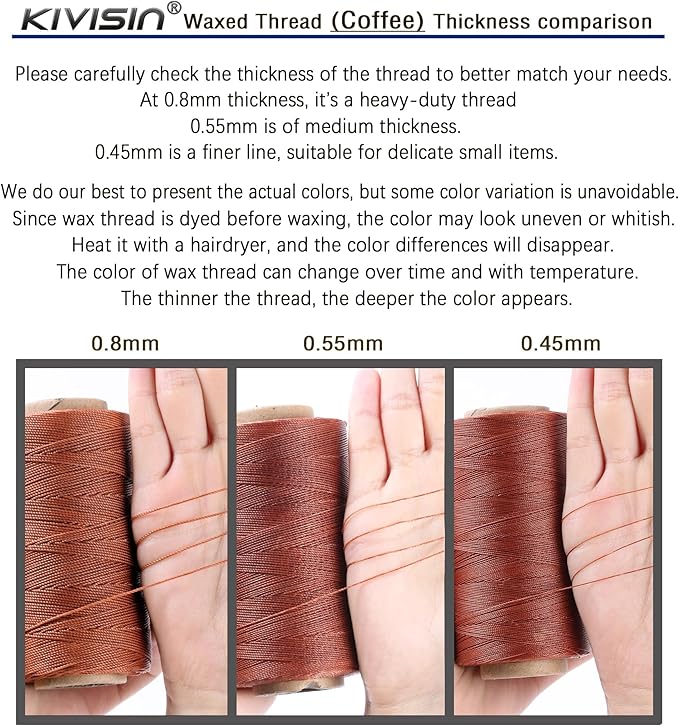 Sturdy Bonded Waxed Polyester Thread, 0.55mm, 437 Yards Wax String Cord - Coffee for Leather, Hand Sewing, Stitching, Beading, Bookbinding, Bracelets and Macrame Jewelry Making