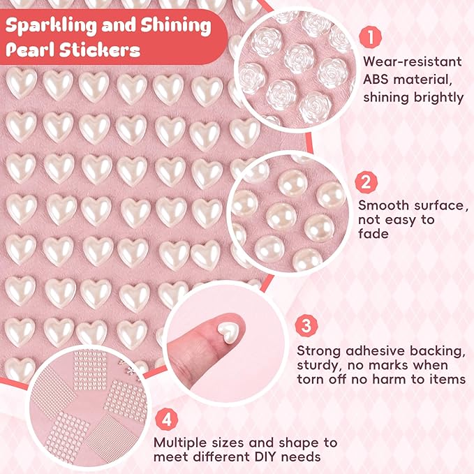 4366 PCS Self Adhesive Pearl Stickers，Pearl Stickers for Crafts Kids，Assorted Sizes & Shape Stick on Pearls for Hair, Face, Makeup, Eye 3mm/4mm/5mm/6mm/8mm/10mm/Rose/Heart Shape