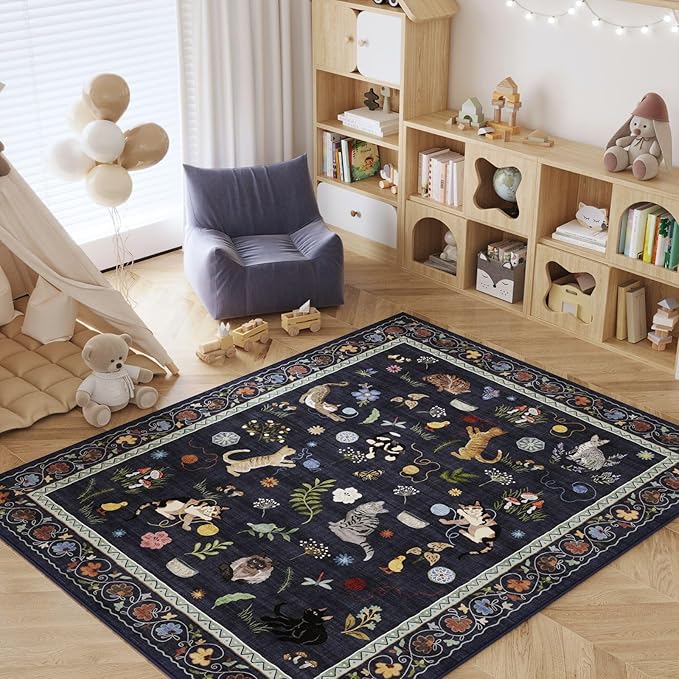 Rugcomf Area Rugs 8x10 Rug for Living Room Clearance Washable Boho Area Rug Non Slip Floral Animal Cat Vintage Low Pile Large Rug for Bedroom Farmhouse Dining Room Kids Playroom, Cobalt Blue