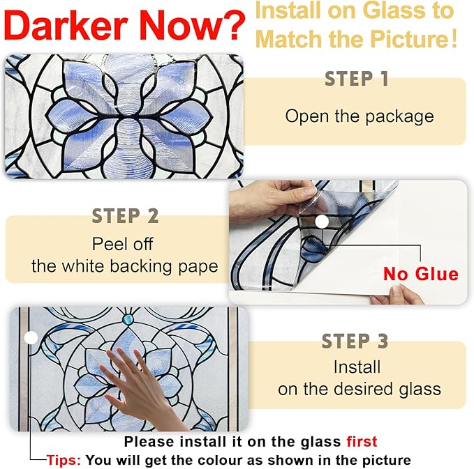 3D Stained Glass Window Privacy Film, Heat Control UV Blocking Static Cling Decorative Window Film for Bathroom,Front Door,Home Non Adhesive,35.4 x 78.7 inches Azure Bloom