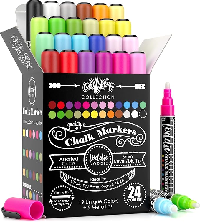 Loddie Doddie Chalk Markers - 24-Pack, 6mm Reversible Tips - Colored Chalk Pens for Art & Decor - Window Markers for Glass & Metal - Dry Erase Pens for Mirrors & More