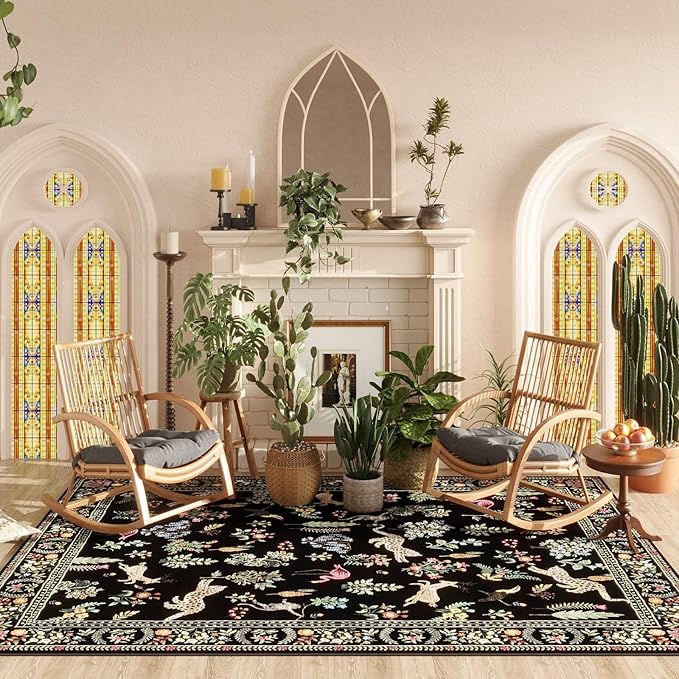 Rugcomf Living Room Rug 6x9 Rug Machine Washable Boho Area Rug Non Slip Floral Animal Vintage Low Pile Large Rug for Living Room, Bedroom, Farmhouse, Dining Room, Kids Playroom (Black)