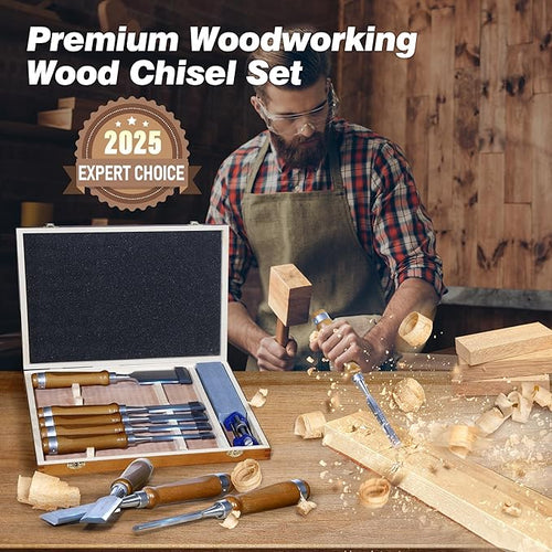 10 Pieces Wood Chisel Set, 1/4"~2" Woodworking Chisel Kit with Sharp CR-V 60 Steel Blades, Wooden Box, Honing Guide, Sharpening Stone for Carpenter Craftsman Woodworker