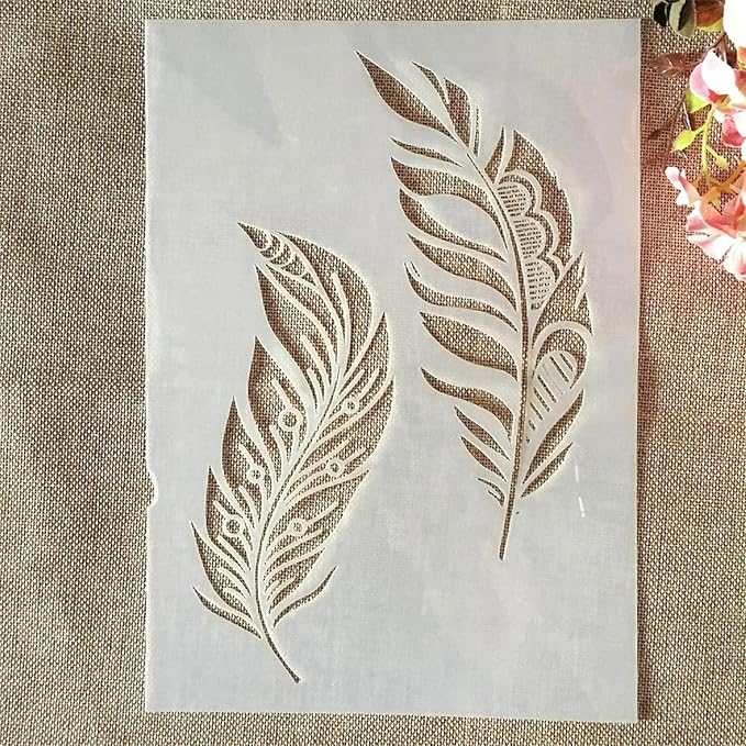 TIAMECH A4 Reusable Two Feathers Stencil for Painting - Bird Feather Layering Template, DIY Wall Art, Wood Furniture, Scrapbook & Crafts (8.3x11.7inch)