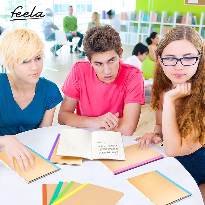 feela 96 Pack Composition Notebooks Bulk, Kraft Cover Lined Blank College Ruled Composition Travel Journals with Rainbow Spines For Women Students Business, 60 Pages, 8.3”x 5.5”, A5, 8 Colors
