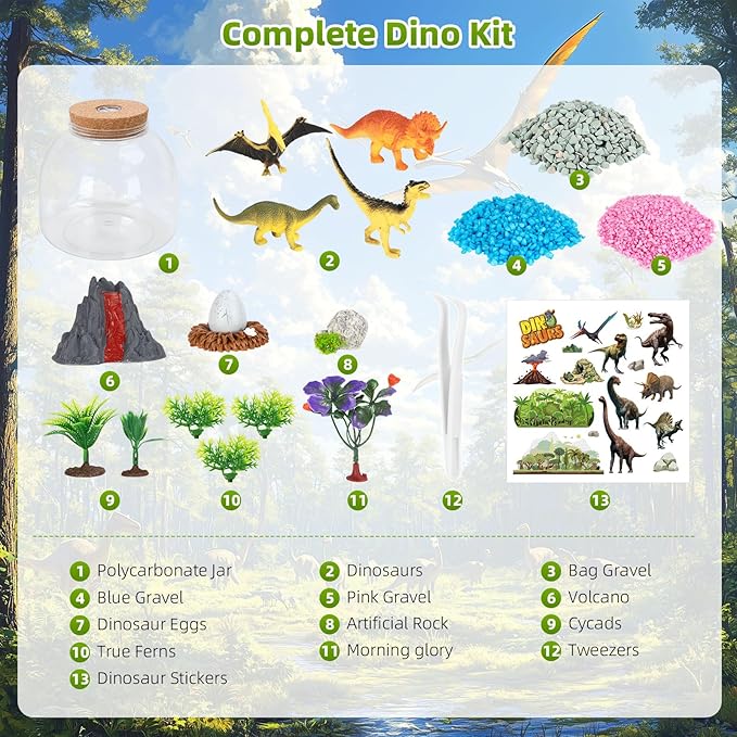 Dinosaur Light Up Terrarium for Boys – DIY Prehistoric Garden with LED | STEM Toy & Craft Gift for Kids Ages 4-8, Perfect for Birthday or Christmas