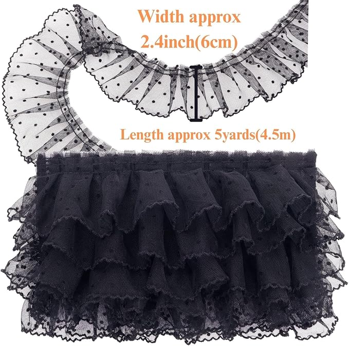 Dots Lace Ruffle Trim for Sew, Crafts 2.4" x5yd Single Layer Pleated Edge Lace Ribbon (Black)