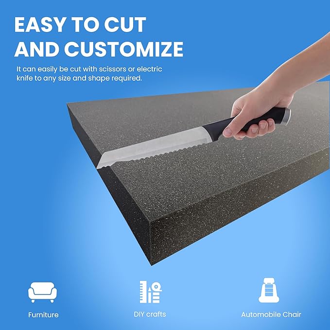 QOMFY 1"" Height x 12"" Width x 48"" Length Charcoal Upholstery Foam Sheet | Made in USA | Multi-Purpose Foam for Upholstery, DIY, Packaging & Acoustic Projects, CHAR-1x12x48