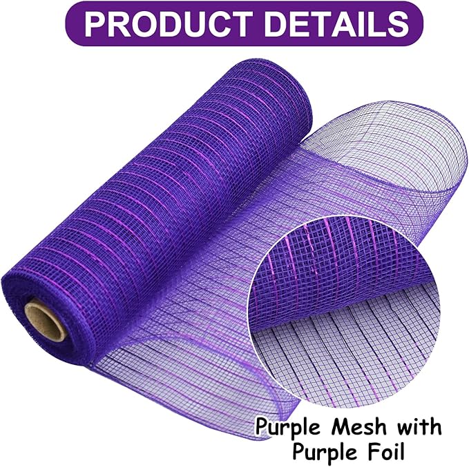 TONIFUL 2 Rolls 10 Inch Purple Decorative Mesh Ribbbon Rolls, Fabric Mesh with Foil for Wreath Supplies, Front Door Wreath Crafts Tree Decor Christmas NewYears Halloween Decoration (10 yds/roll)