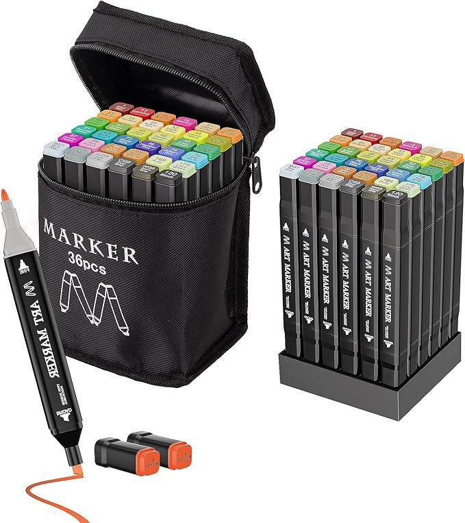 Banral 36 Colors Alcohol Markers Set, Dual Tip Alcohol Based Art Marker for Artists Kids Adult Coloring, Permanent Illustration Sketch Pens for Drawing with Case and Holders