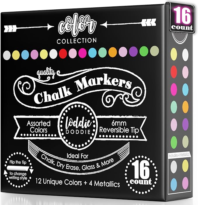 Loddie Doddie Chalk Markers - Pack of 16, 6mm Bullet & Chisel Tips Chalk Pens - Dust-Free Erasable Ink & Dry Erase Markers - Vibrant Pastel & Neon Colors - Pastel Art Pens - Fine & Bold Lines