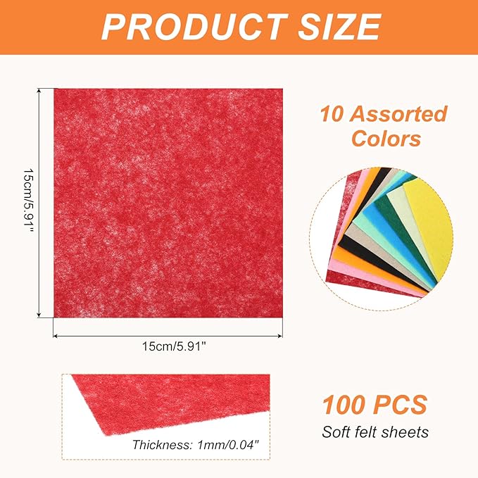 MECCANIXITY Felt Square Shape Craft Felt Sheets 5.91Inch x 5.91Inch for Home Decor Party Crafting Art, 10 Colors, Pack of 100