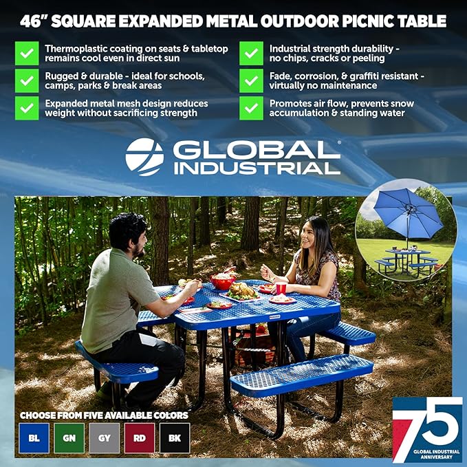 Global Industrial 46" Square Picnic Table, Expanded Metal, Gray Thermoplastic Coating, Attached Benches, 1-1/2” Umbrella Pole Hole, Outdoor-Rated, 1000 lb Capacity