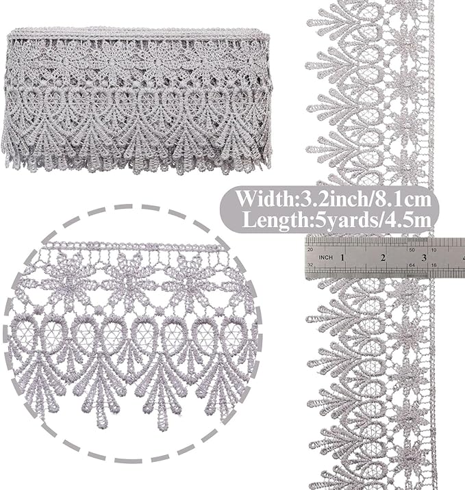 GXTIZAS Gray Lace Trim 5 Yards Wide Venise Lace Ribbon Embroidered Edge Trim for Sewing Crafts Pillow Case